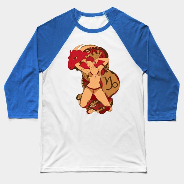 Red and Cream Capricorn Beauty Baseball T-Shirt by kenallouis